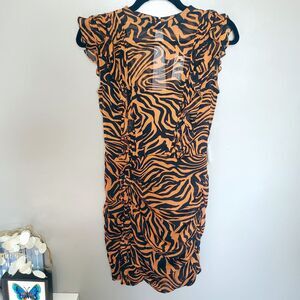 Express Dress Womens Size Small Tiger Print Ruffle Black Brown Chiffon Tags New
